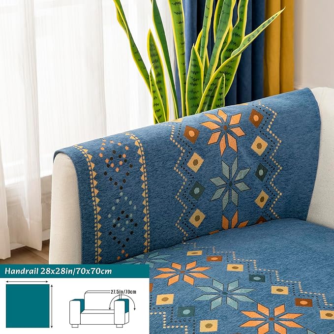 Boho Chenille Couch Covers,Geometric Couch Covers for Sofa,Chenille Couch Cover Non Slip,Sectional l Shaped Sofa Furniture Protector Cover for Home Decor,Blue_Handrail 28x28in/70x70cm