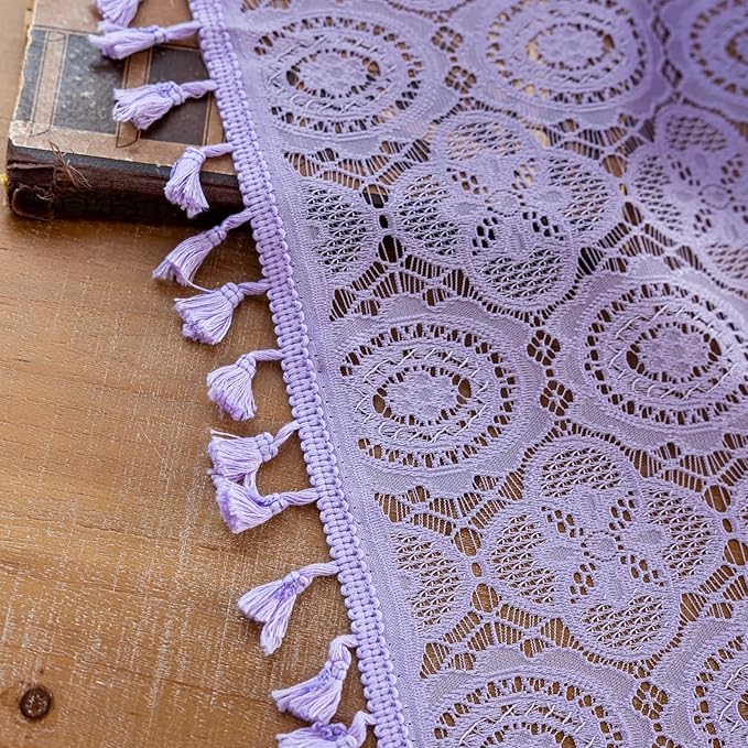 Sheer Purple Curtains 96 Inches Long Bohemian Crochet Curtains with Tassel Rod Pocket Farmhouse Lavender Flower Sheer Panels for Bedroom Living Room Elegant Home Decor 8FT 59W x 96L