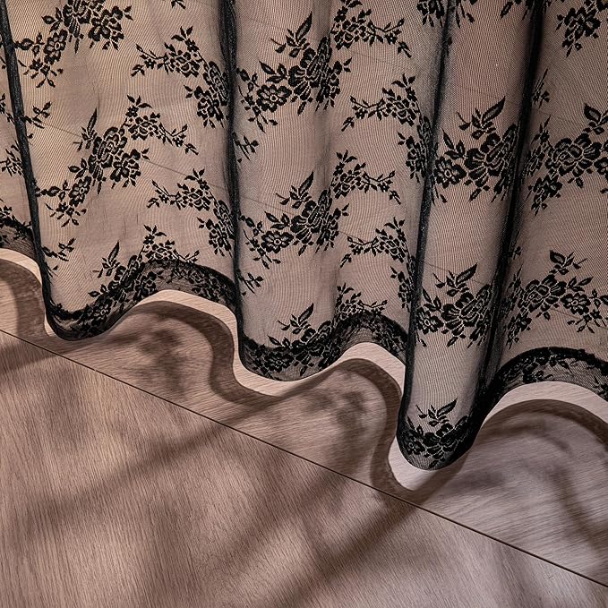 MEETSKY Black Lace Sheer Gothic Halloween Curtains 84 Inches Long 2 Panels Set Vintage Victorian Elegant Light Filtering Back Tab Rod Pocket Drapes for Home Decor, 50" Wide Each Panel
