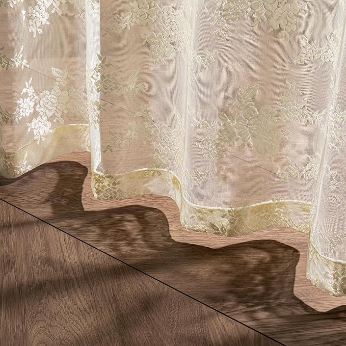 MEETSKY Lace Sheer Curtains 63 Inch Length Light Yellow Vintage Victorian French Elegant Light Filtering Back Tab Rod Pocket Boho Style Drapes for Living Room Bedroom for Farmhouse, 50"x63", 2 PCs
