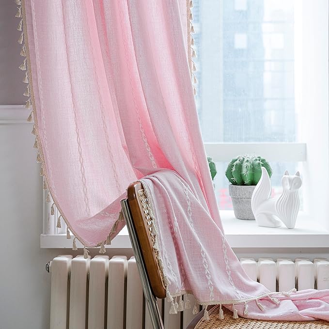Sutuo Home Boho Curtain for Bedroom 84 Inch Length, Light Filtering Farmhouse Shabby Chic Tassels Window Treatment Bohemian Embroidery Drape, Rod Pocket 1 Panel 52" W x 84" L, Pink