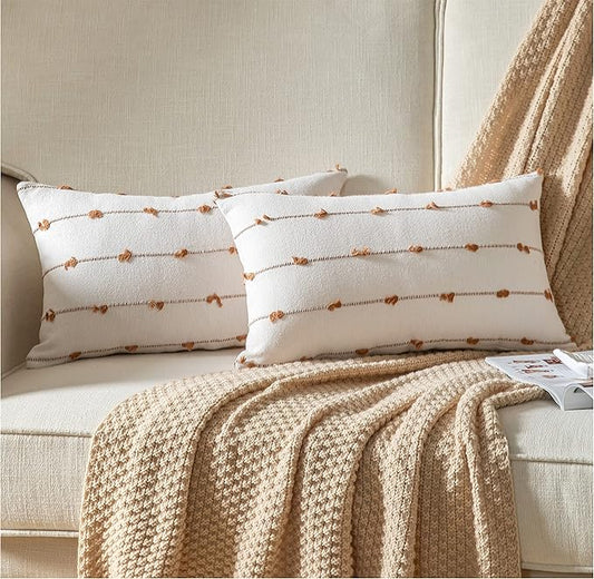 Caflife Boho Throw Pillow Covers 12x20 inches Beige and Brown, Set of 2 Modern Farmhouse Decorative Pillow Covers for Couch Bed, Living Room