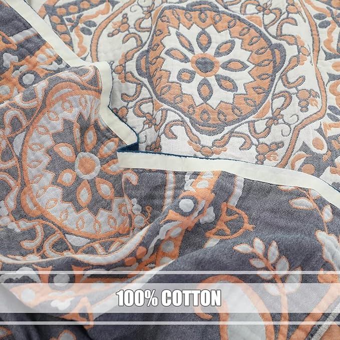 Boho Throw Blanket for Bed 100% Cotton Ultra Soft Rustic Quilt Floral Printed Farmhouse Decor Bed Fall Blanket,80"×90" All Season Rustic Throw for Sofa Couch Chair