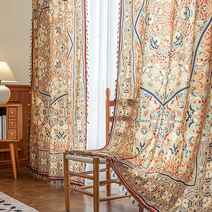 Popular Handicrafts Printed Curtains for Living Room 54 Inches Long Indian Hippie Bohemian Curtains Rod Pocket Light Filtering 2 Panels, Orange