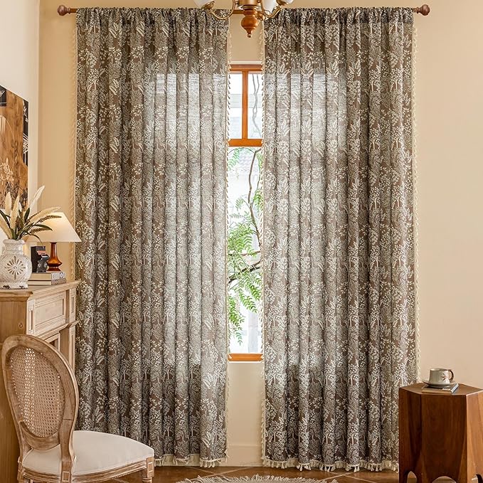 OYX Floral Curtains 96 Inch Length 2Panels for Living Room, Bedroom Light Filtering Drapes, Farmhouse Vintage Country French Tassels for Boho Pattern Rod Pocket Aesthetic Home Decor Window Treatments