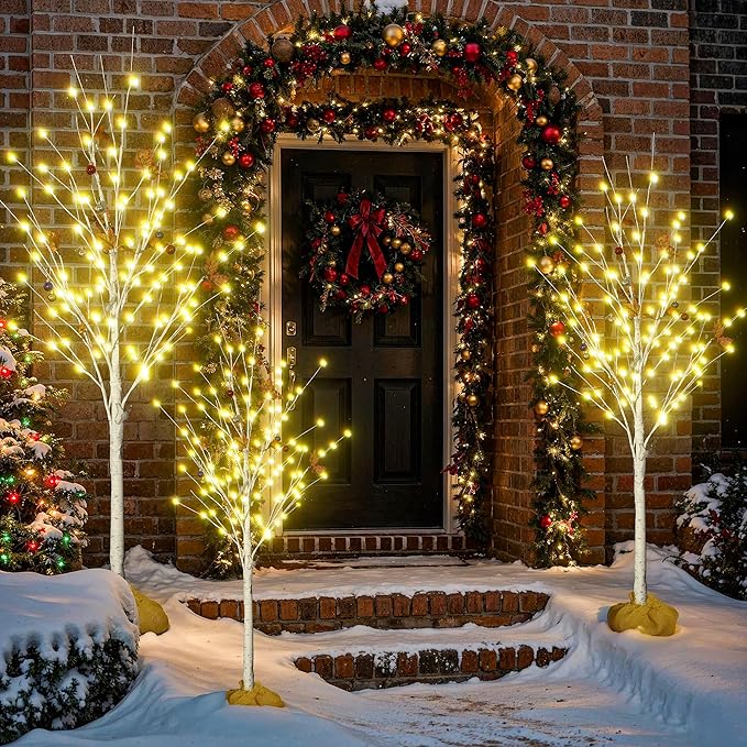 Recaceik Set of 3 Lighted Birch Trees 4FT 5FT 6FT, Christmas Decorations with Warm White LED Lights & Cherry Blossom, Fairy Light Spirit Tree for Indoor Outdoor Christmas Home Decor