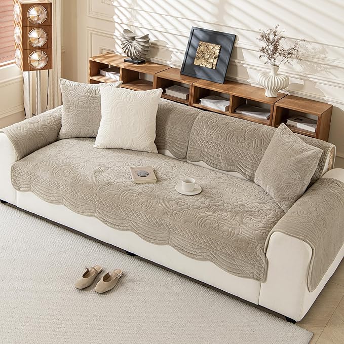 Couch Cover Sofa Covers Washable, Velvet Fleece Sofa Slipcovers for 2 Cushion Couch, Non-Slip Furniture Protector for Dog Pet, L Shaped Recliner Sectional Couch Cover Taupe,36"X47"(Only 1 Pcs)