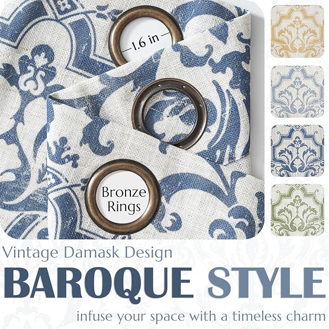 jinchan Extra Long Linen Curtains for Living Room & Bedroom - Slate Blue Damask 108 Inch & 9FT Long Light Filtering Vintage Curtains with Grommet Window Treatments - 2 Panels Set
