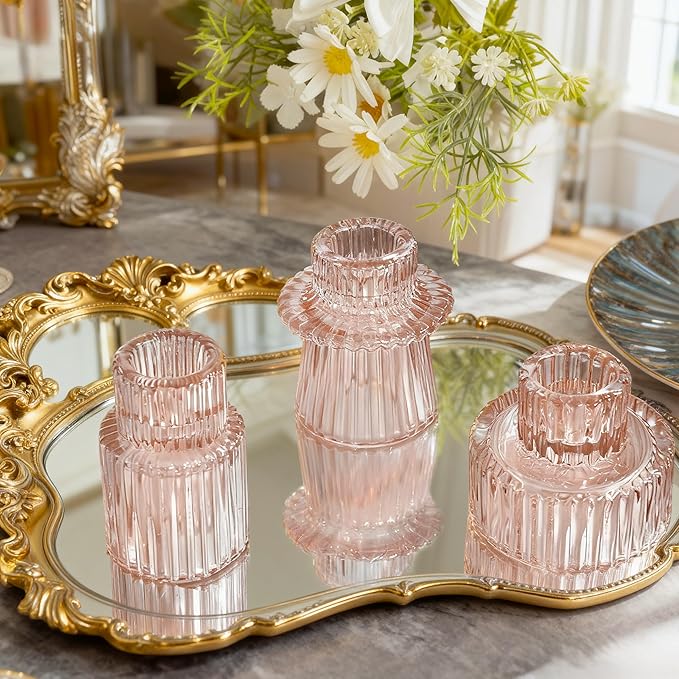 WELLIFE Pink Candlestick Holders, 3 Pcs Glass Candle Holder,Taper Candle Holder for Table Centerpieces Home Bedroom, Valentine's Day Decoration