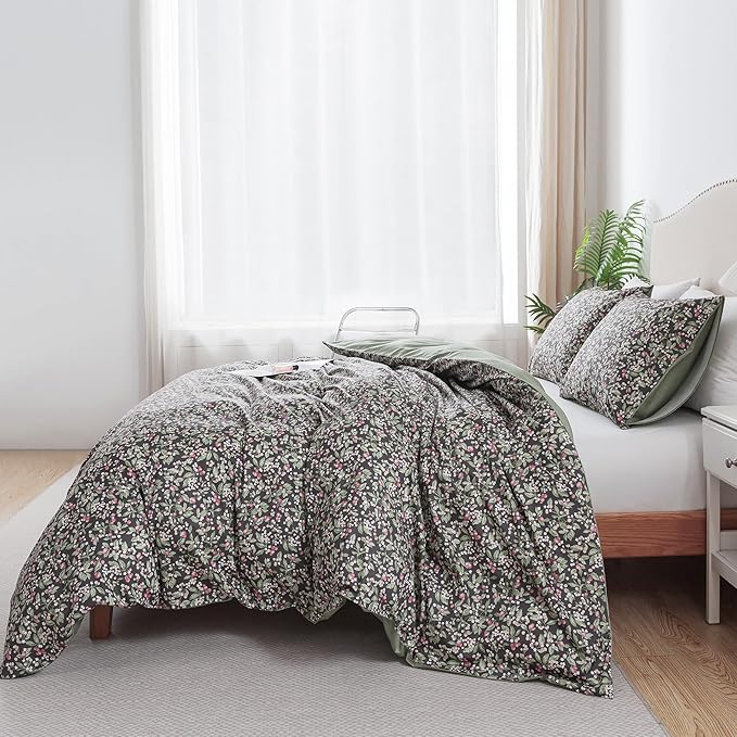 HoneiLife Duvet Dover King Size - 100% Cotton Comforter Cover Floral Duvet Cover Sets, Breathable Bedlinen for Set with Zipper Closure & Corner Ties,3-PC Wildflower Comforter Cover Sets, Berry