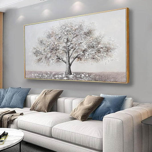 Abstract Wall Art Tree of Life White Background Canvas Wall Decor Framed Artwork Modern Aesthetic Suitable for Living Room Bedroom and Office Home Decor 24x48 In