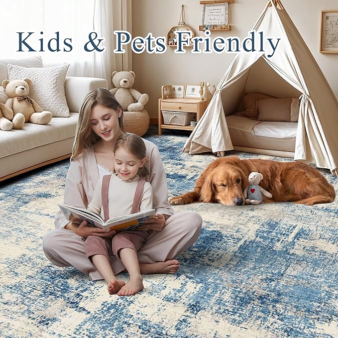 3x5 Modern Abstract Rug Washable Area Rugs for Living Room Bedroom Dining Room Non-Slip Low Pile Neutral Large Rug Soft Indoor Floor Carpet, Blue