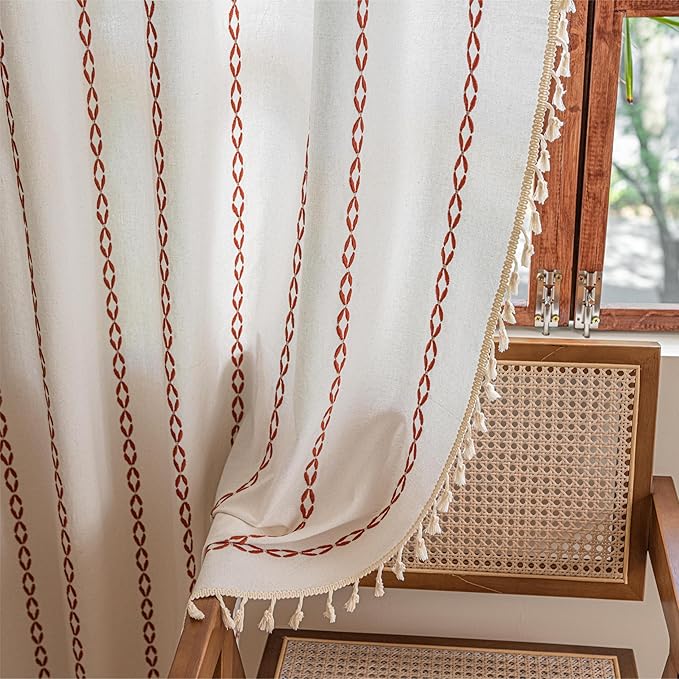 Sutuo Home Boho Curtains 84 Inches Long for Bedroom Living Room Kid's Room, Light Filtering Cotton Embroideried Bohemian Striped Vintage Farmhouse Privacy Decor, 1 Panel W52 x L84,White and Terracotta