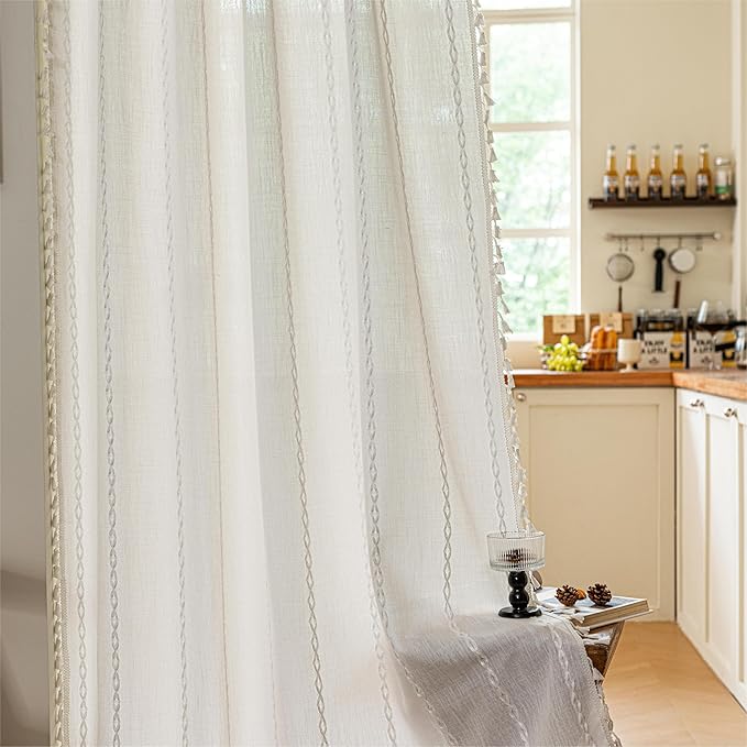 Sutuo Home Door Curtains for Doorway, Light Filtering Curtains Privacy Bohemian Embroidery Drape Decor for Temporary Room Dividers Bedroom Living Room, Rod Pocket 1 Panel 37" W x 80" L, White