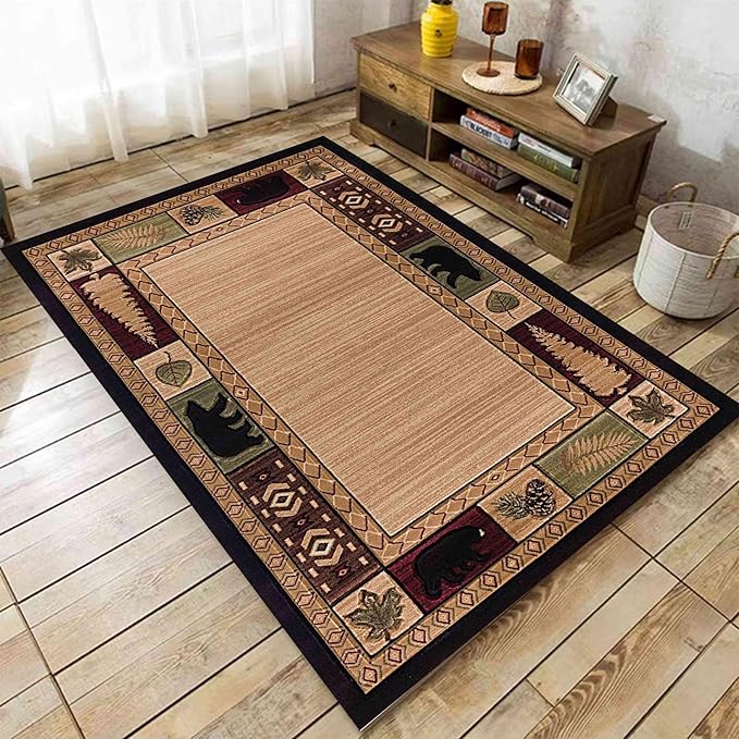 Rustic Cabin Area Rugs, 5x8ft, Wildlife Bear Pine Cone Leaves Accent Rug, Nordic Vintage Geometric Border Brown Rugs, Non Slip Durable Indoor Floor Mat for Living Room Bedroom