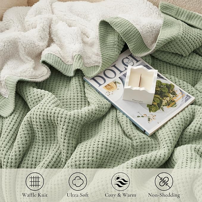 Amélie Home Reversible Waffle Weave Throw Blanket, Chenille Knit with Warm Sherpa, Soft Cozy Blanket for Couch, 50"x60", Sage Green