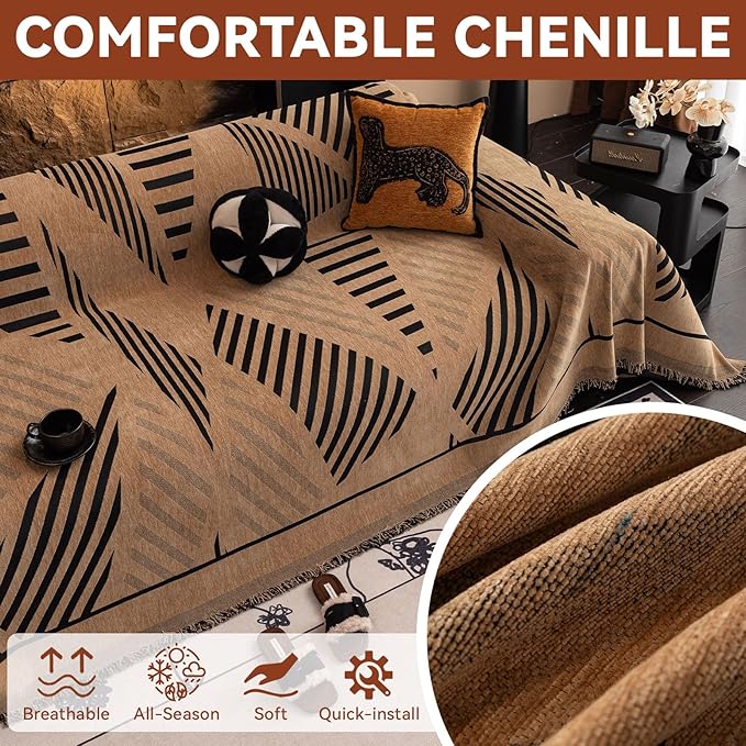 VClife Soft Thick Chenille Couch Cover 1 PC Washable Couch Cover for 3 Cushion Couch Sofa Modern Brown Black Jacquard Sectional Sofa Cover 71"x150"