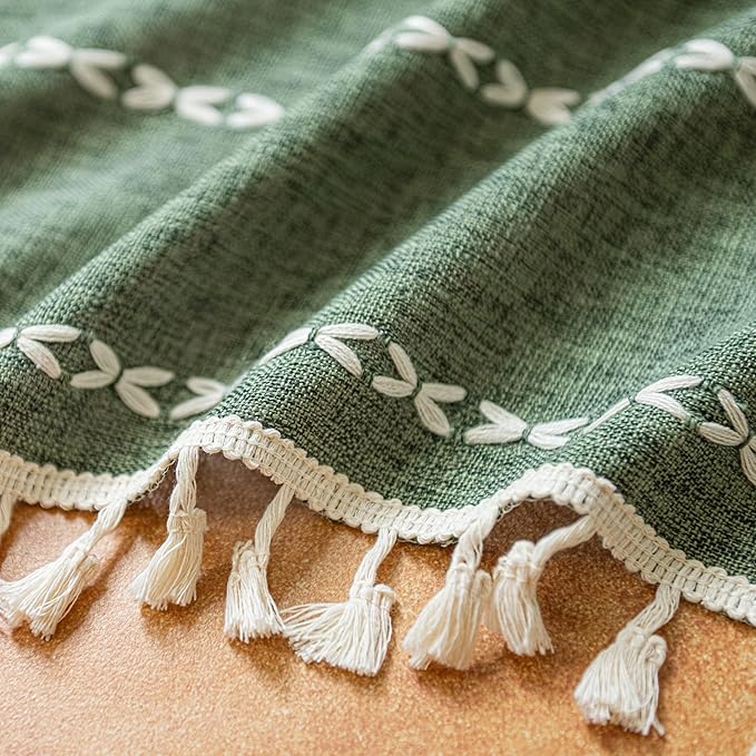 Sutuo Home Boho Window Curtains for Nursery Bedroom, Light-Filtering Linen French Country Shabby Chic Window Treatment Bohemian Embroidery Knitted Drape, Rod Pocket 1 Panel 52" W x 72" L, Olive Green