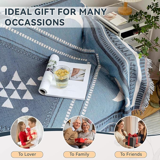 VClife Boho Sofa Couch Cover White Blue Plaid Stripe Couch Cover for 2 Cushion Couch Sofa Thick Breathable Non Slip Loveseat Cover for Dog Reversible Large Sofa Slipcover Furniture Protector Cover