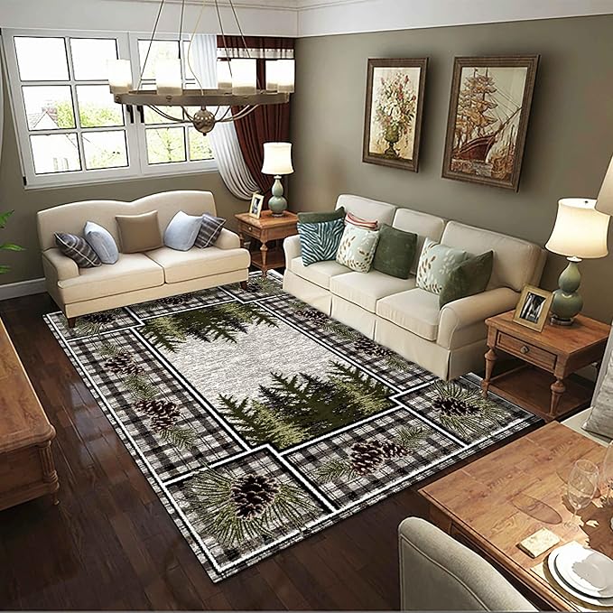 Vintage Buffalo Plaid Area Rug, 4x6ft, Rustic Cabin Pine Cone Pattern Rug, Country Lodge Nature Plants Rugs, Soft Floor Rug Non-Skid Carpets for Living Room Farmhouse Indoor Floor Mat