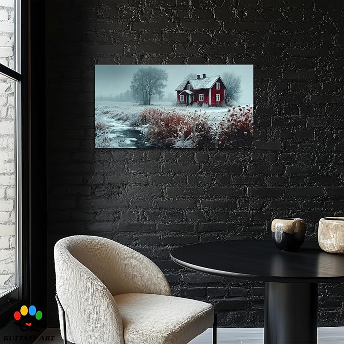 GUTTATY Winter Christmas Canvas Wall Art, Frosty Landscape Canvas Prints, Red Cottage and Nature Wall Hanging Artwork, Rustic Snowy Scene Picture Decor for Living Room, Bedroom, 24x12 Inch