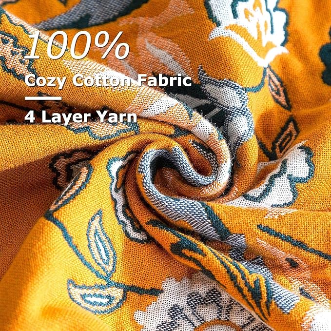 Boho Throw Blanket for Bed - 100% Cotton Ultra Soft Rustic Quilt Fall Blanket - Floral Printed Farmhouse Decor Bed Blankets,90"×98" All Season Rustic Throw for Sofa Couch Chair