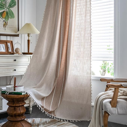 Sutuo Home Boho Curtains 108 inch for Living Room Balcony, Semi Blackout Linen Farmhouse Shabby Chic Tassel Window Treatment Bohemian Embroidery Drape, Rod Pocket 1 Panel 52" W x 108" L, Coffee Linen