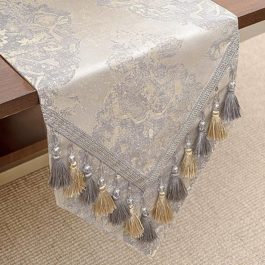 Loom and Mill Luxury Table Runner 120 inches Long, Elegant Damask Jacquard Table Runners with Handmade Multi-Tassels for Dining Room Dresser Party Holiday Banquet Decoration(Beige,13x120 inch)