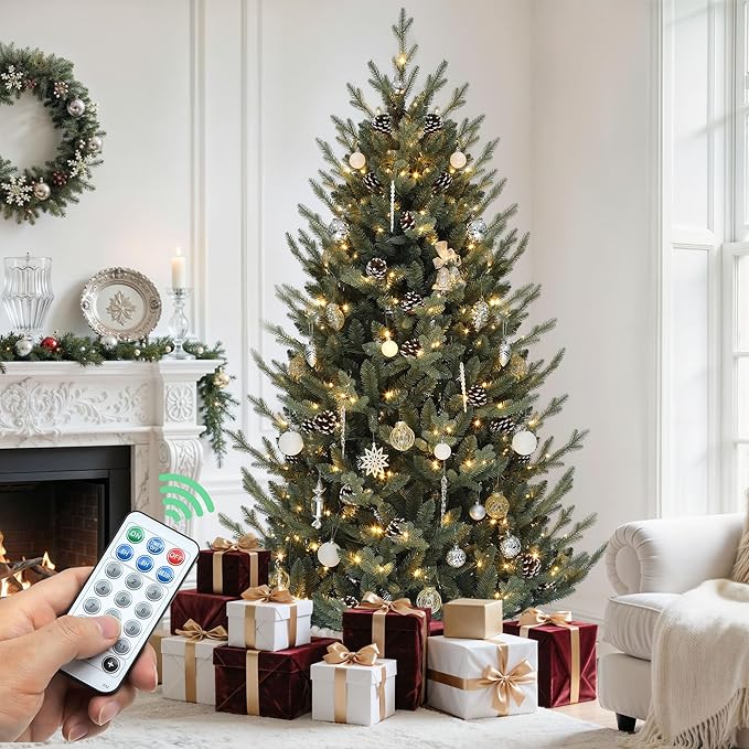 YITAHOME 6FT Prelit Blue Christmas Tree with Remote, Pre-Decorated Artificial Hinged Hillside Spruce Holiday Xmas Tree with 35 Pine Cones, 300 Lights & 11 Light Modes