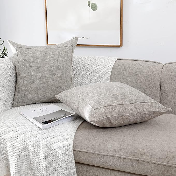 Jepeak 18x18 Inch Burlap Linen Throw Pillow Covers, Pack of 2 Decorative Farmhouse Rustic Neutral Pillow Cases Square Durable Cushion Cover for Sofa Couch Bed Home Decor, Beige/Khaki Threads