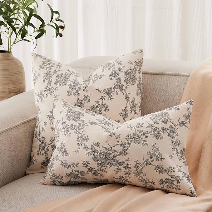 100% Cotton French Pastoral Throw Pillow Covers Set of 2, 24x24 Inch Black Farmhouse Decorative Cushion Covers for Sofa Bed Living Room Home Decor