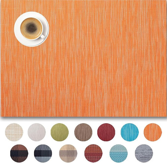 Placemats Set of 8 - Easy Clean Woven Vinyl Placemats for Dining Table, Indoor/Outdoor Place Mats, Washable PVC Table Mats （Orange）