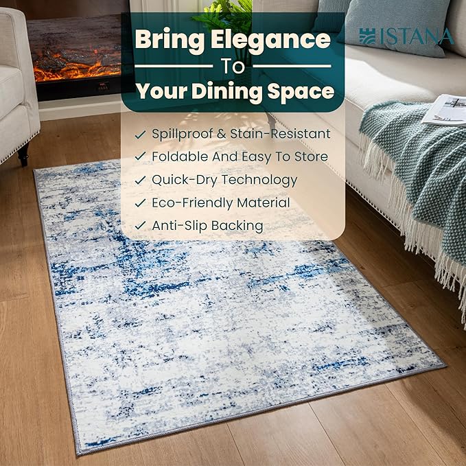 Istana 3x5 Area Rug - Blue/White Modern Rugs for Living Room 3x5 - Foldable Rugs for Bedroom/Living Room Rug - Stain Resistant Washable Rug - Eco-Friendly Small Area Rugs