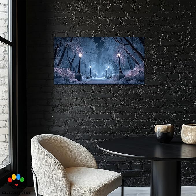 GUTTATY Winter Scene Christmas Canvas Wall Art, Blue Frosty Landscape Canvas Prints, Snowy Pathway Illuminated by Street Lamps, Park Winter Pictures Wall Decor for Living Room, Bedroom, 24x12 Inch