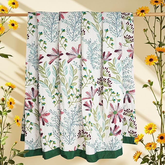 Boho Throw Blanket, 100% Organic Cotton Breathable Ultra Soft 60" x 80" Bed Quilt Throw - All Season Floral Rustic Farmhouse Decor Luxury Reversible Blanket for Sofa Couch Chair and Gift