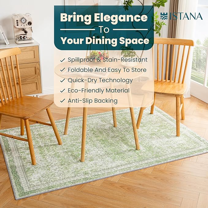 Istana 4x6 Area Rug - Light Green Rugs for Living Room 4x6 - Foldable Rugs for Bedroom - Stain Resistant Washable Rug - Eco-Friendly Boho Area Rugs - Easy to Clean Living Room Rug 4 x 6