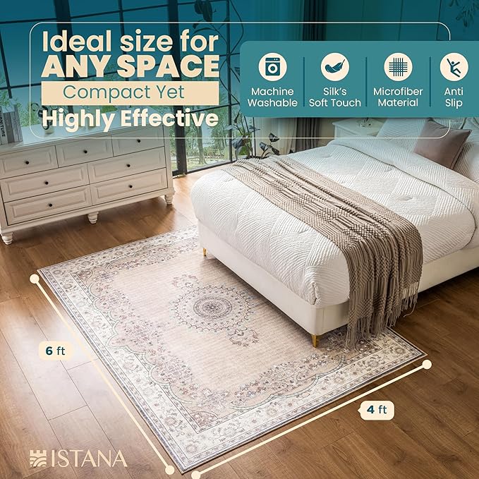 Istana 4x6 Rug - Beige Grey & Light Cream Area Rugs 4x6 - Kid & Pet Friendly Machine Washable Rugs - 4 x 6 Area Rug Non Slip & Non Shedding Area Rug - Foldable Rug for Room for Bedroom