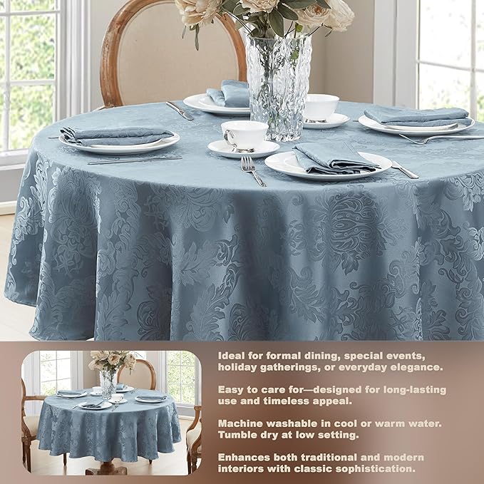 Newbridge Barcelona Damask Fabric Tablecloth, 90 Inch Round, Blue – No Iron, Soil Resistant Table Cover for Dining, Parties and Holidays
