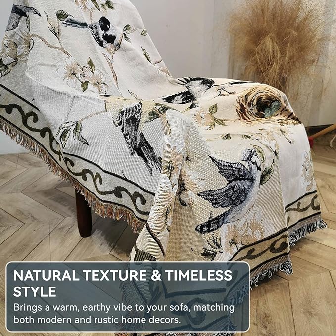 VClife Boho Beige Jacquard Couch Cover Modern Floral Bird Cotton Linen Slipcover for 3-4 Cushion Couch Sofa, 1 PC Retro Vintage Flowers Furniture Protector Futon L Shape Sofa Cover for Sectional Sofa