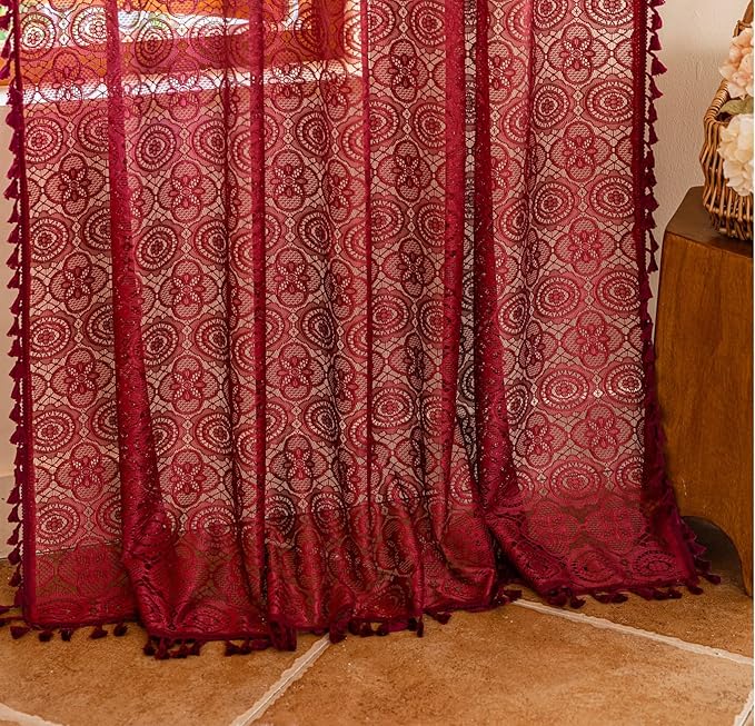 YJ YANJUN Burgundy Sheer Lace Curtains 63 inch Length with Tassel for Bedroom Boho Maroon Curtain for Living Room Light Filtering Crochet Bay Window Curtains Set of 2 W59 x L63 Dark Red