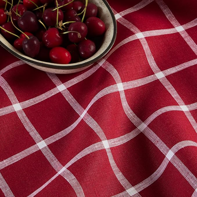 Solino Home Linen Tablecloth 52 x 52 Inch - 100% Pure Linen Windowpane Red Square Tablecloth for Christmas, Xmas - Machine Washable Table Throw