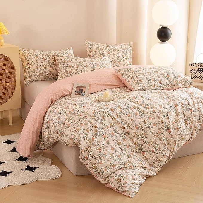 ECOCOTT Reversible Floral Duvet Cover King Size – 3 Piece 100% Washed Cotton Bedding Set, Soft Breathable Comforter Cover with Zipper Closure & Corner Ties