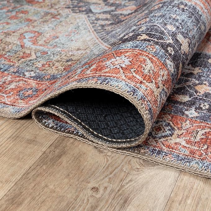Bloom Rugs Washable Non-Slip 8' x 10' Rug - Terracotta/Blue Traditional Medallion Area Rug for Living Room, Bedroom, Dining Room, and Kitchen - Exact Size: 8' x 10'