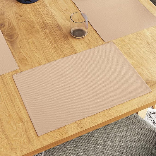 Encasa XO Dining Placemat Set of 6 | Solid Solid Beige Color | Fine Ribbed Cotton Table mat | Size 19x13 in |for Dining Table Fall Decoration, Holiday & Christmas Festivals - Machine Washable