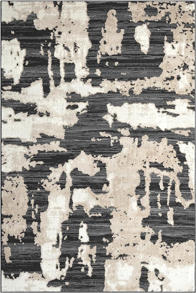 Abani Terra Cream Area Rug for Living Room, Bedroom - Black Abstract Pattern - 5' x 8' - Durable & Easy to Clean