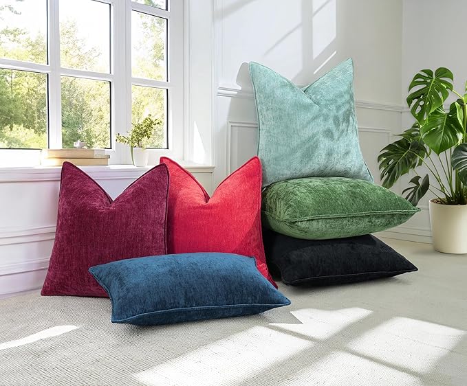 decorUhome Christmas Couch Throw Pillow Covers 24x24 Set of 2, Decorative Soft Euro Velvet Neutral Chenille Pillow Covers with Elegant Design for Sofa Bed Living Room Home Decor, Red