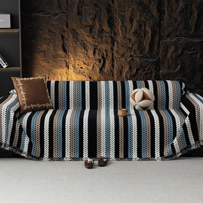 VClife Couch Cover for Sofa, Chenille Sofa Cover for Dog Modern Stripe Couch Cover for 3 Cushion Couch Sofa, Non Slip Furniture Protector Pet Couch Slipcover with Tassel, Black, 71''x134''