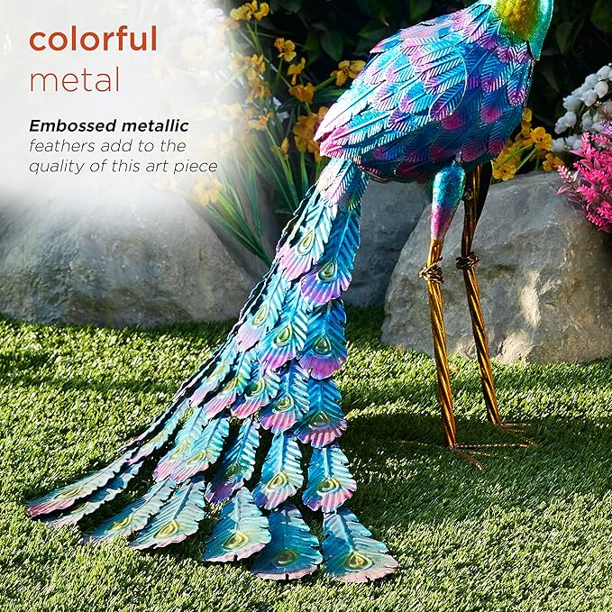Alpine Corporation 28" Tall Outdoor Metallic Peacock Standing Yard Statue Decoration, Multicolor
