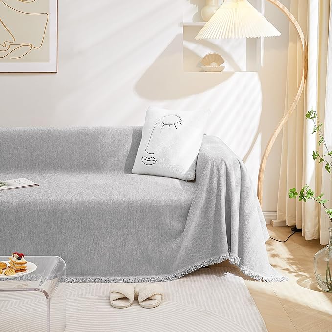 MEETSKY Sofa Covers Couch Covers for 3 Seats Cushion, Protector Sofa Throw Cover for Couches Washable Soft Chenille Blend Modern Decorative for Living Room, 91" x 134", Light Gray