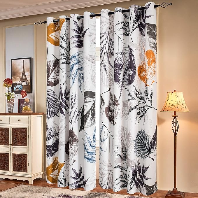 SUBRTEX Light Flitering Curtains 52Wx84L, Room Darkening Vibrant Floral Drapes, 50% Blackout, Semi Sheer Boho Farmhouse Curtains for Living Room, Gray